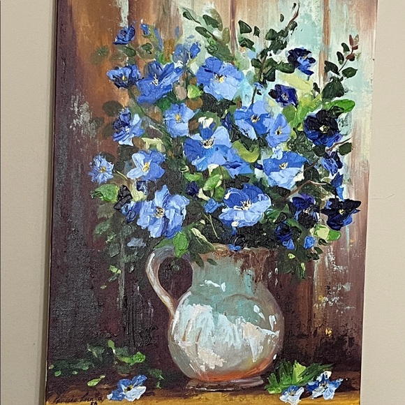 Rustic Floral Canvas with Blue and Green Accents - Picture 6 of 7